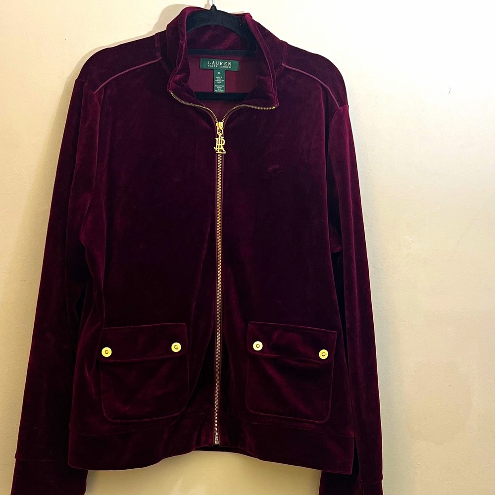 Lauren Ralph Lauren Velvet Women's Burgundy Jacket XL Full Zip Pockets